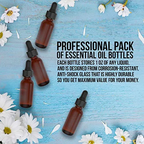 15 Pack Essential Oil Bottles - Round Boston Empty Refillable Amber Bottle with Glass Dropper [ Free Stainless Steel Funnel ] for Liquid Aromatherapy Fragrance Lot - (1 oz) 30ml
