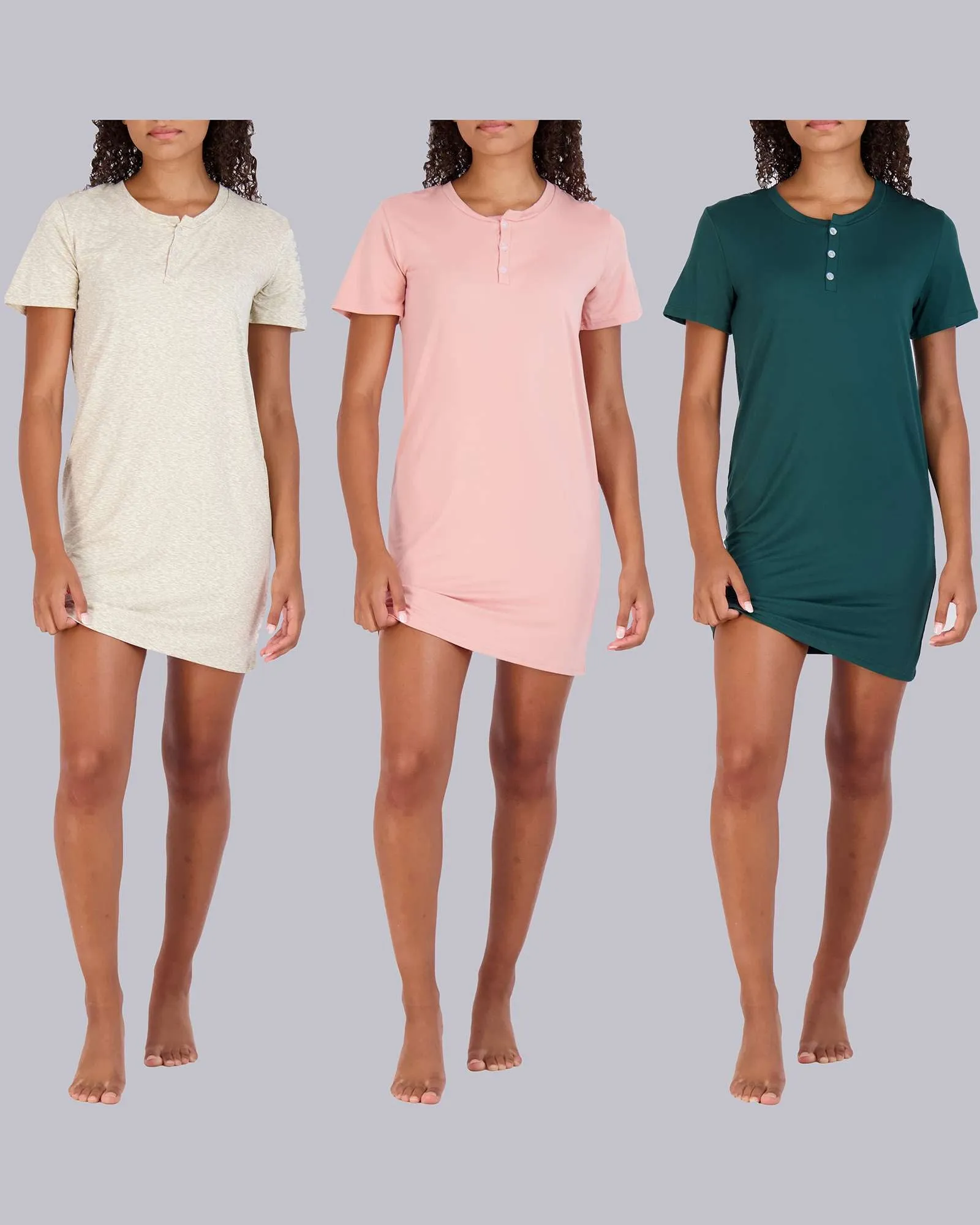 3 Pack: Womens Short Sleeve Henley Nightshirt Nightgown Sleep Dress