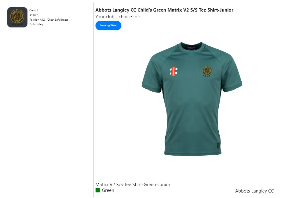 Abbots Langley CC  Child's Green Matrix V2 S/S Tee Shirt-Junior