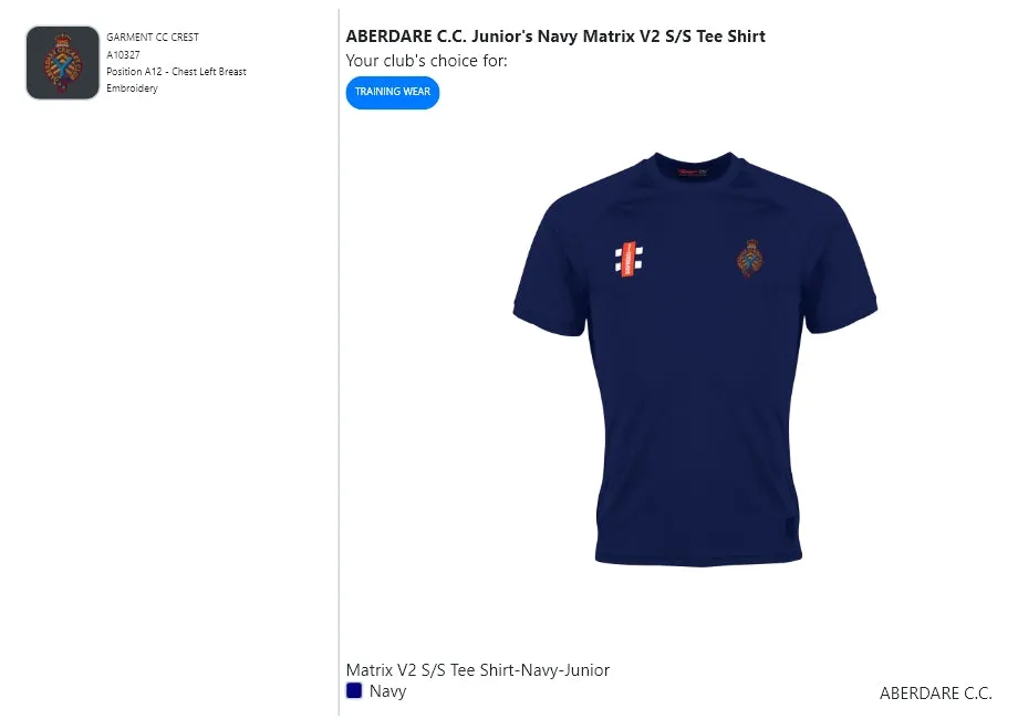 ABERDARE C.C. Junior's Navy Matrix V2 S/S Tee Shirt