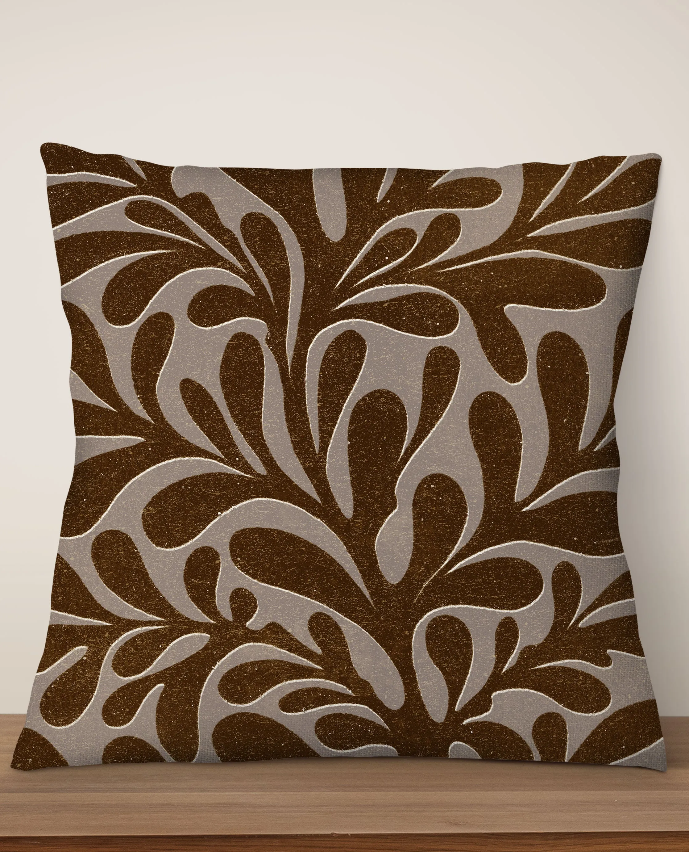 Abstract Plant Square Cushion (Coffee Brown)