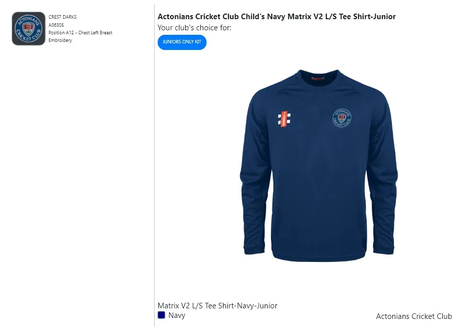 Actonians Cricket Club Child's Navy Matrix V2 L/S Tee Shirt-Junior
