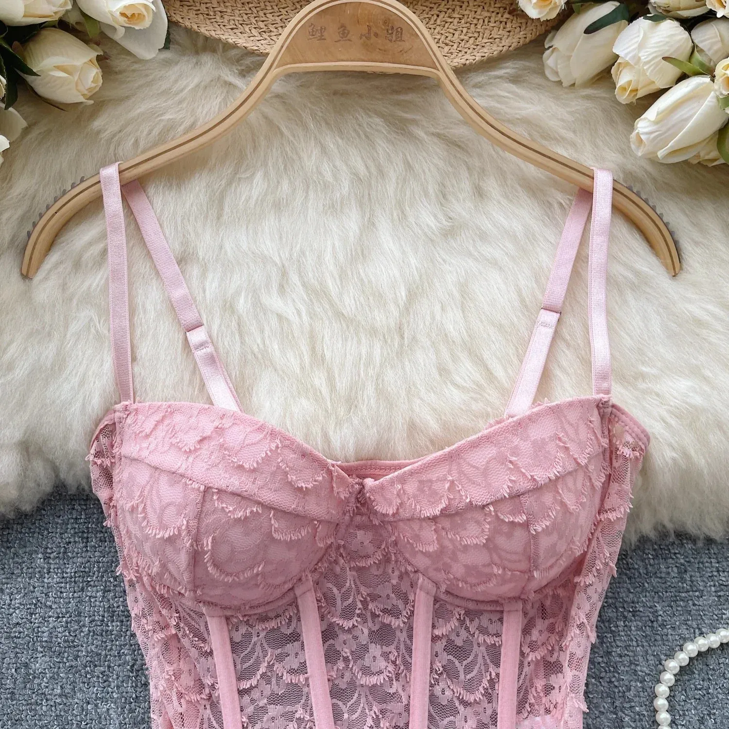 American Chic Camisole Bra Lace Hollow Out Female Camis Tank Top Sleeveless Mesh Sheer Corset Tops Women Clothes Dropshipping