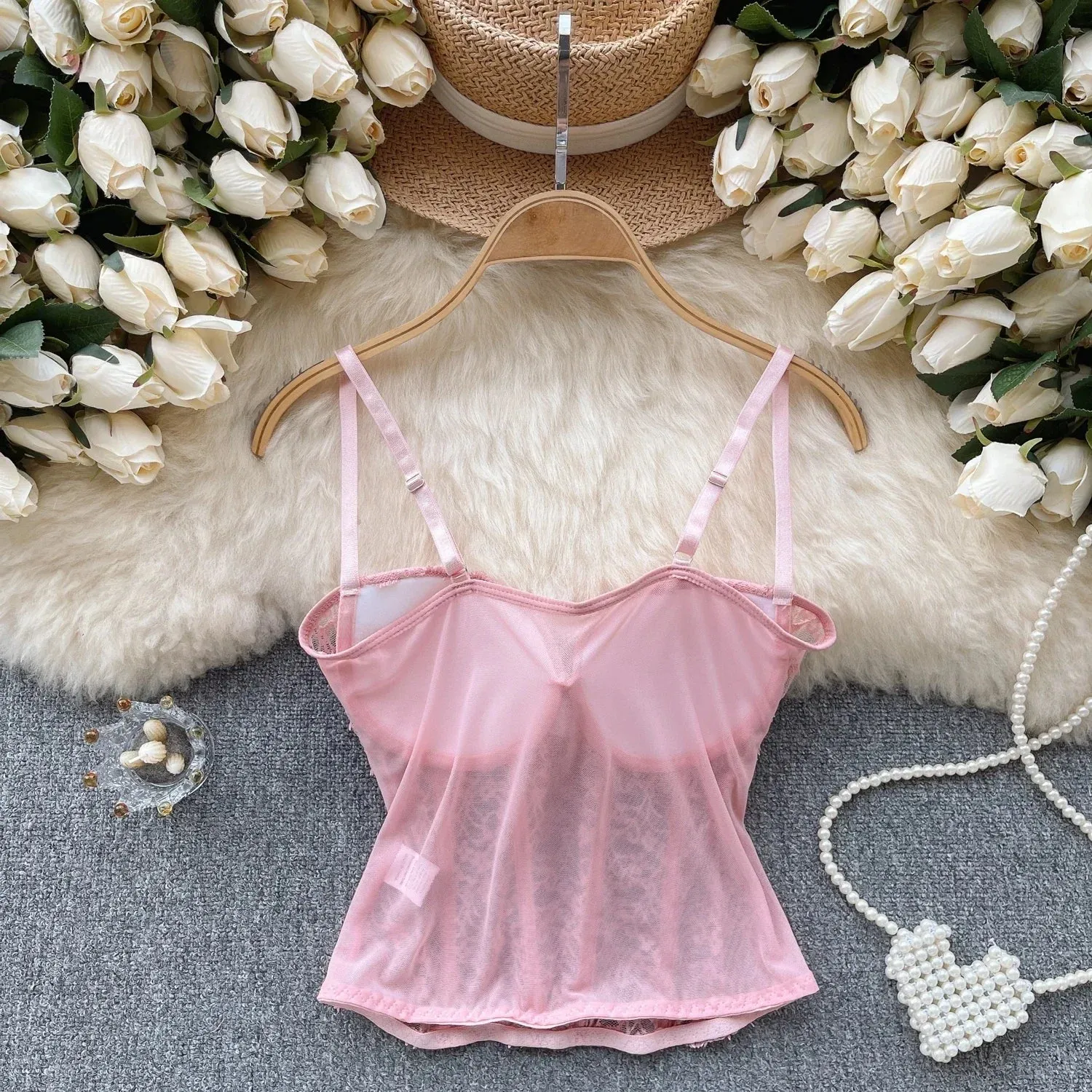 American Chic Camisole Bra Lace Hollow Out Female Camis Tank Top Sleeveless Mesh Sheer Corset Tops Women Clothes Dropshipping
