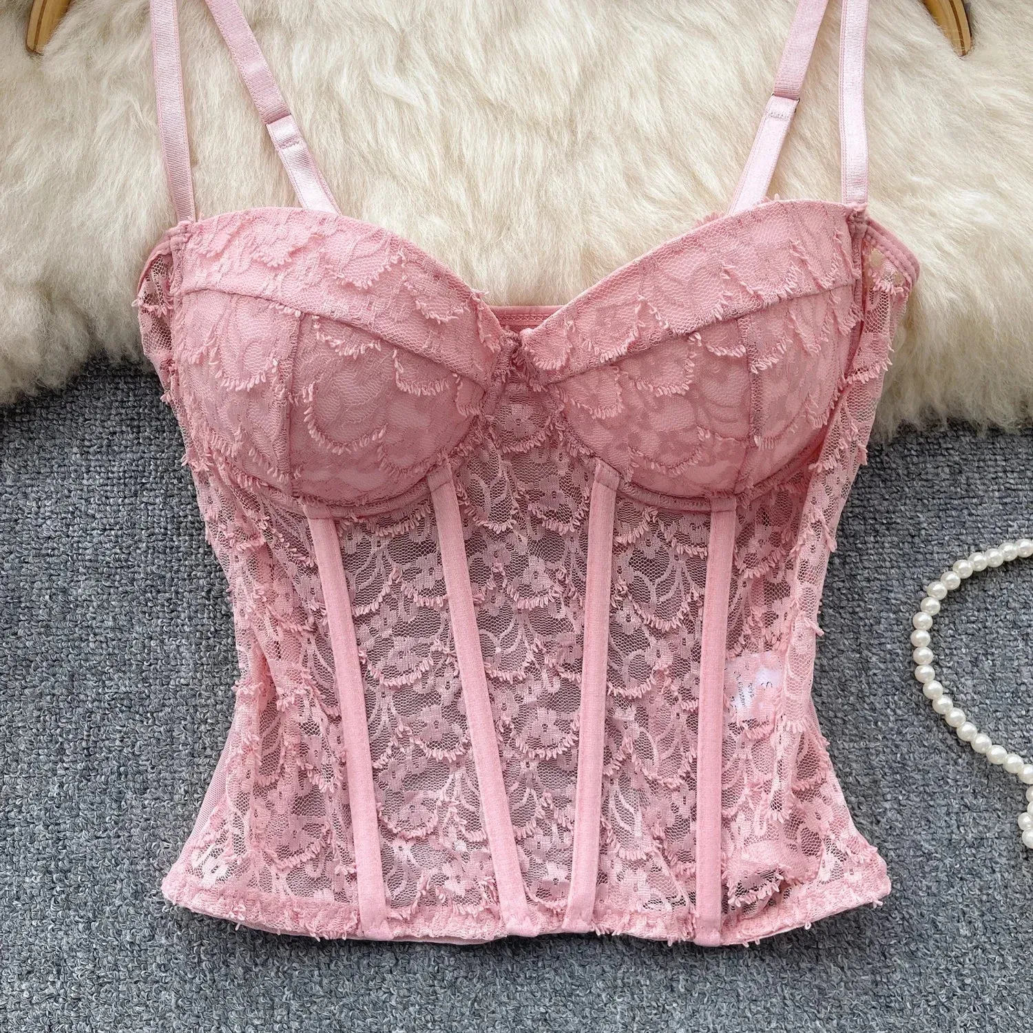 American Chic Camisole Bra Lace Hollow Out Female Camis Tank Top Sleeveless Mesh Sheer Corset Tops Women Clothes Dropshipping