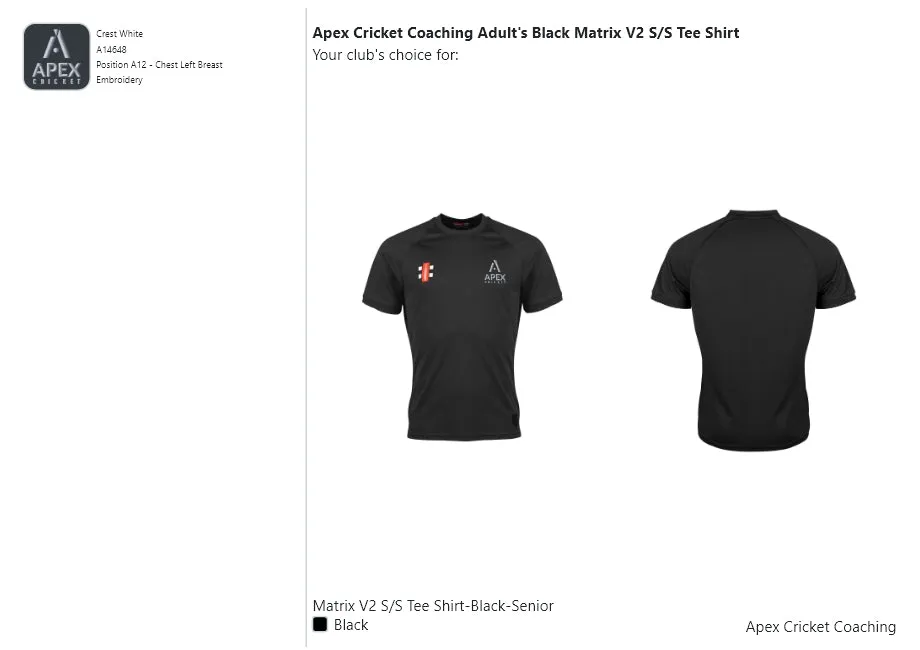 Apex Cricket Coaching Adult's Black Matrix V2 S/S Tee Shirt
