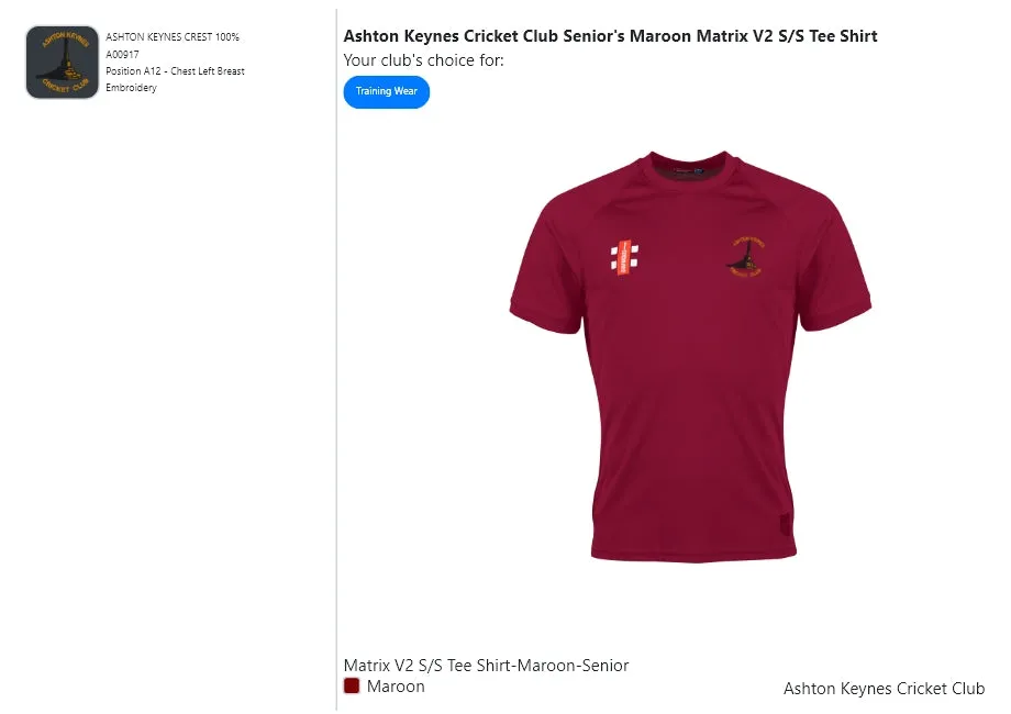 Ashton Keynes Cricket Club Senior's Maroon Matrix V2 S/S Tee Shirt