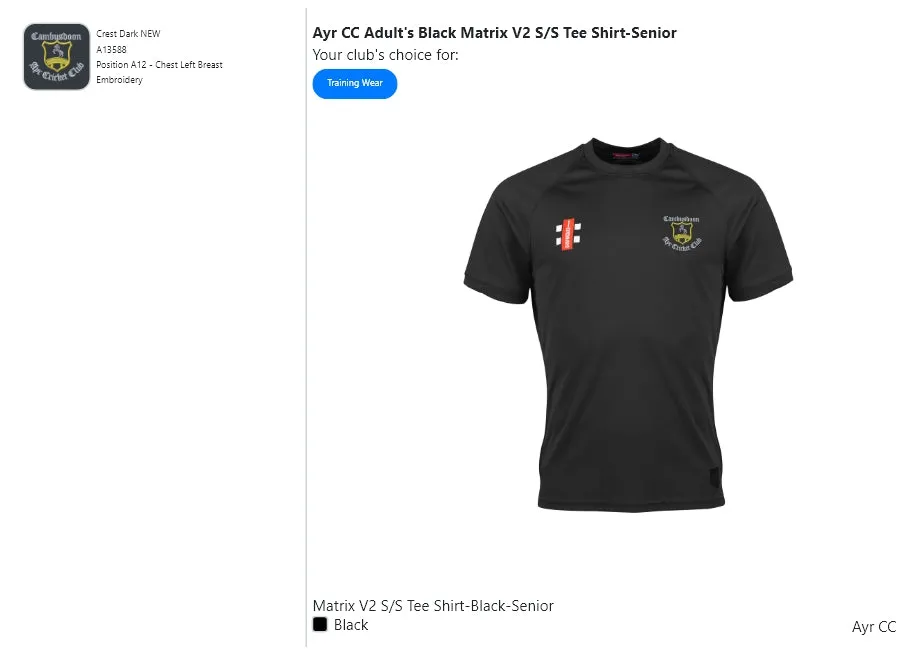 Ayr CC Adult's Black Matrix V2 S/S Tee Shirt-Senior