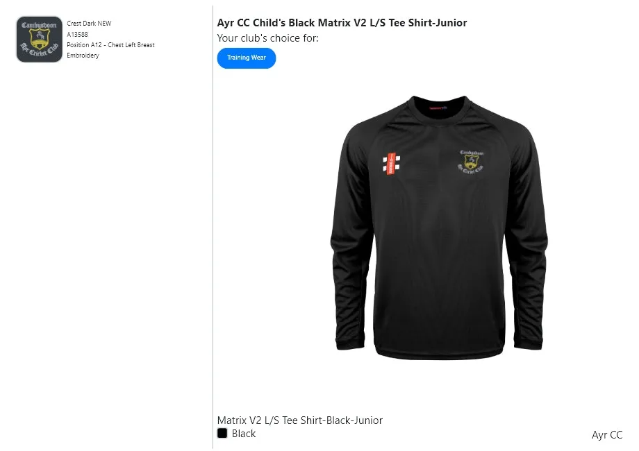 Ayr CC Child's Black Matrix V2 L/S Tee Shirt-Junior