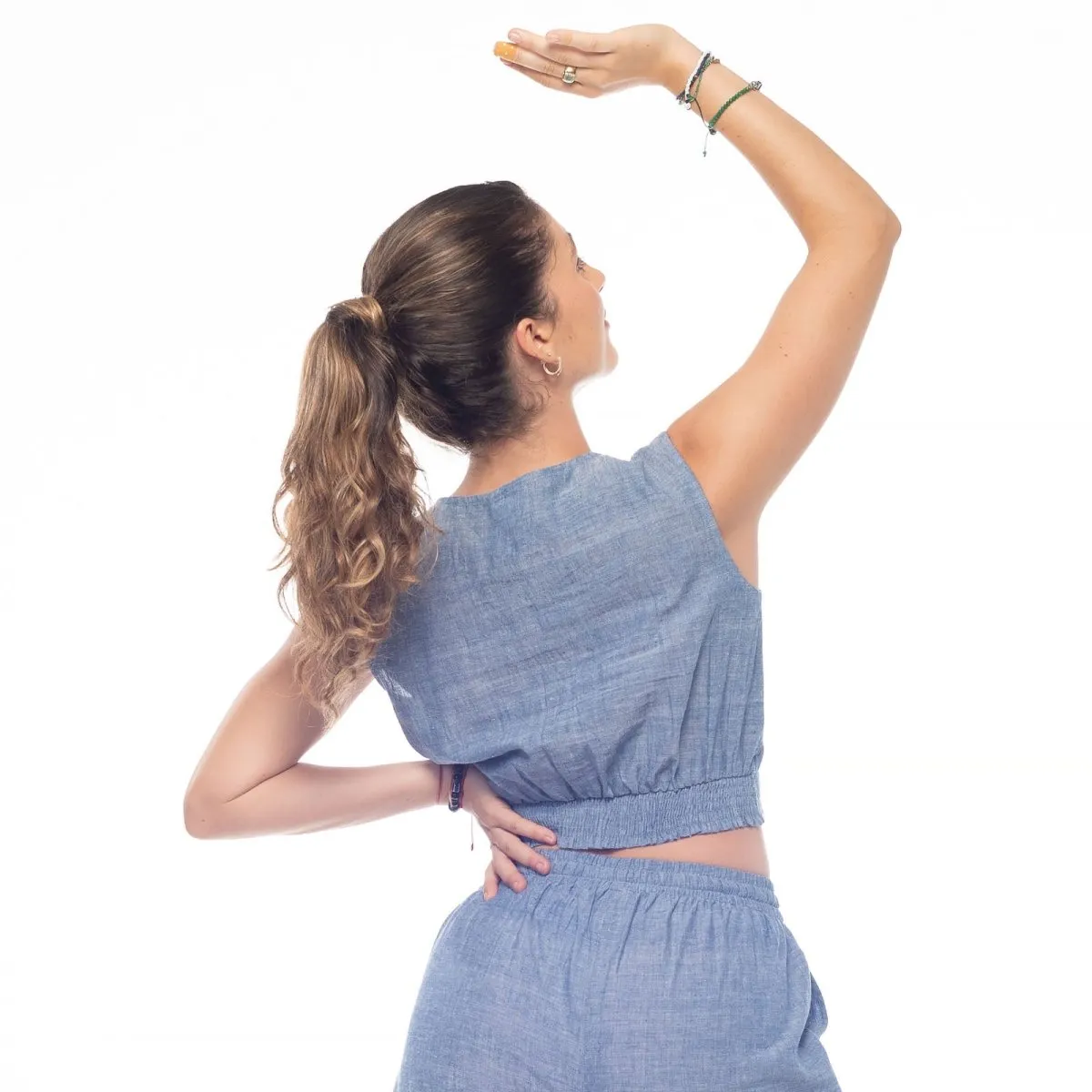 Azure-Blue Handwoven Cotton Sleeveless Crop Top | Smocked Crop Top
