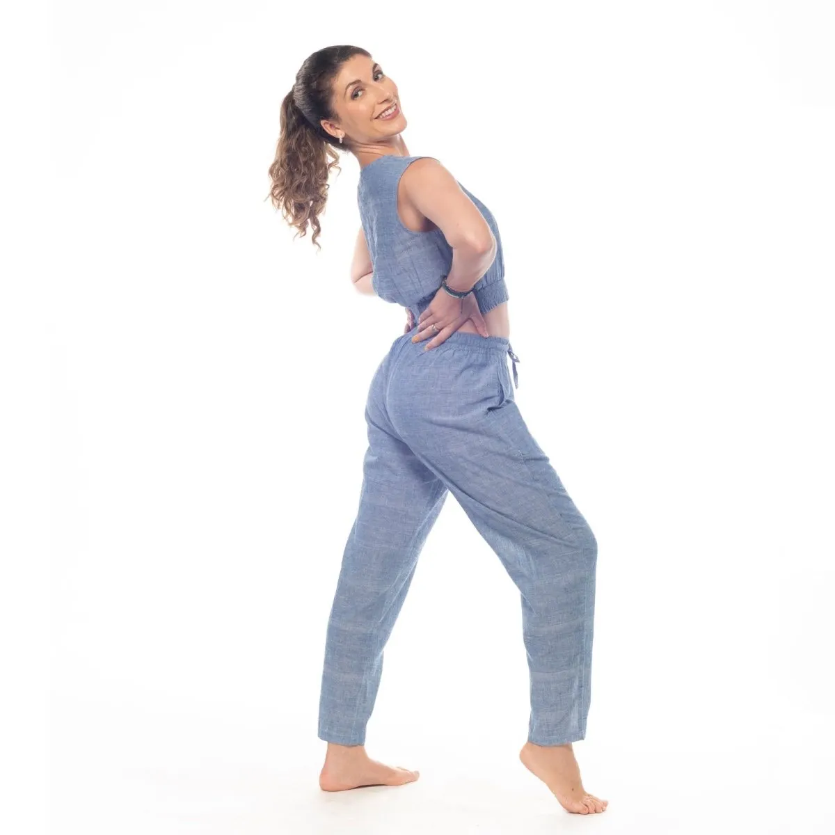 Azure-Blue Handwoven Cotton Sleeveless Crop Top | Smocked Crop Top