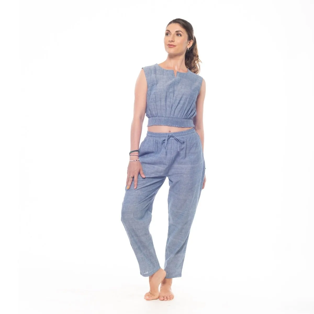 Azure-Blue Handwoven Cotton Sleeveless Crop Top | Smocked Crop Top
