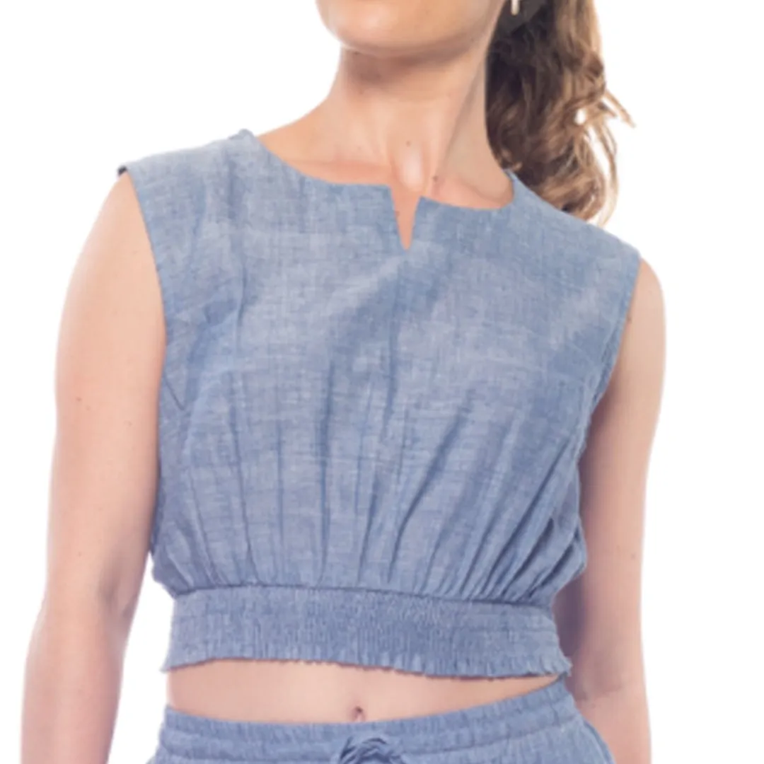 Azure-Blue Handwoven Cotton Sleeveless Crop Top | Smocked Crop Top
