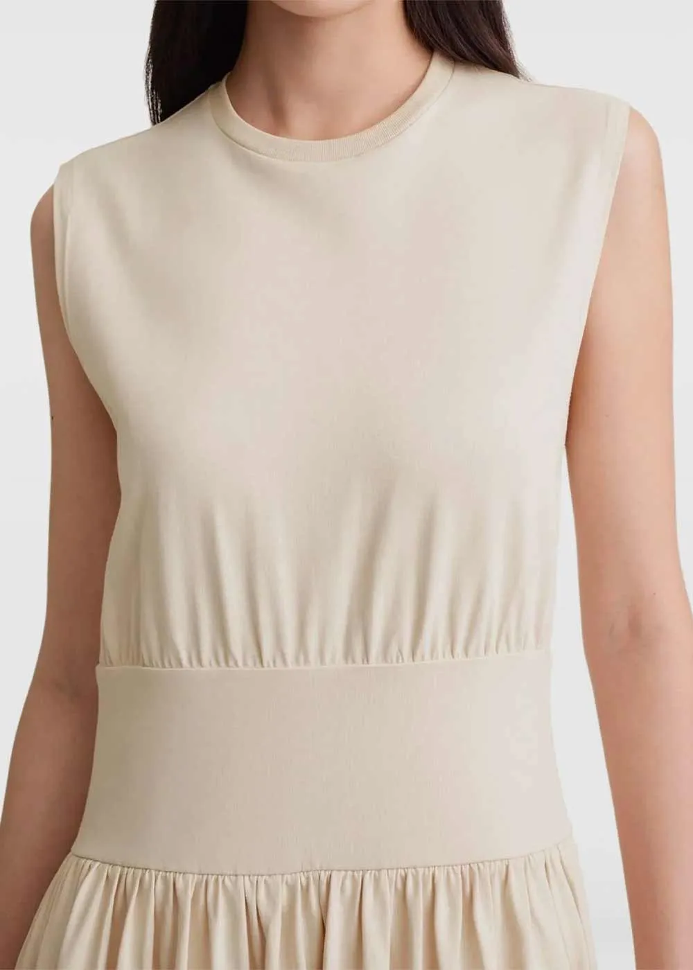 Beige Fitted-Waistband Midi Dress