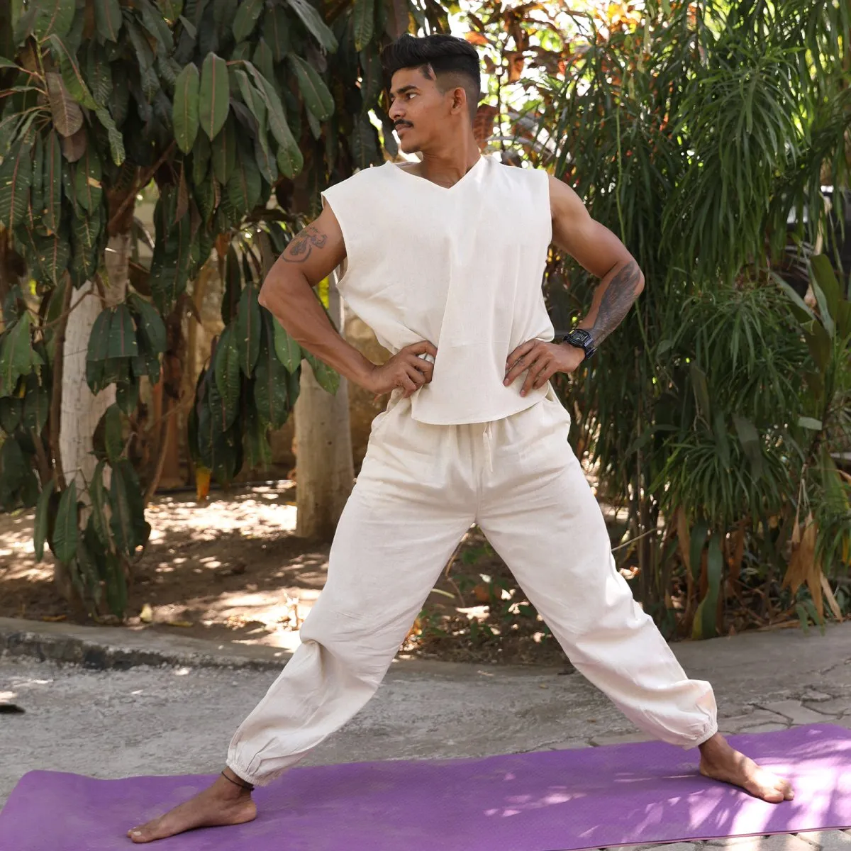 Beige Handwoven Cotton Sleeveless Tank Top with Yoga Jogger Combo  | Athleisure Wear Combo for Men