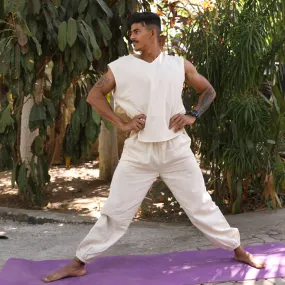 Beige Handwoven Cotton Sleeveless Tank Top with Yoga Jogger Combo  | Athleisure Wear Combo for Men