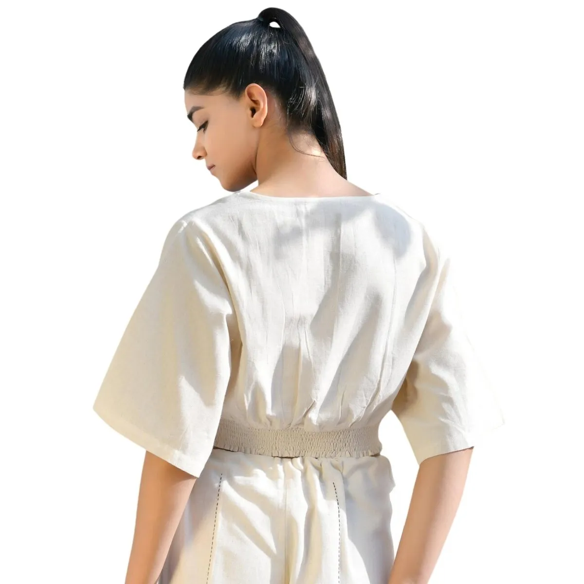 Beige Women's Cotton Yoga Smock Top | Loose fit for Ultimate Relaxation with Sleeves | Smocked Waist Crop Top