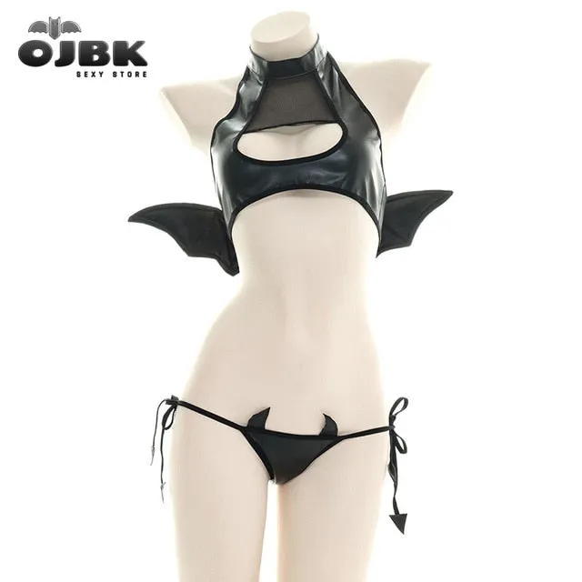 Bikini Lingerie Suit Patent-leather Devil Wing Open-chested Cosplay Pajamas