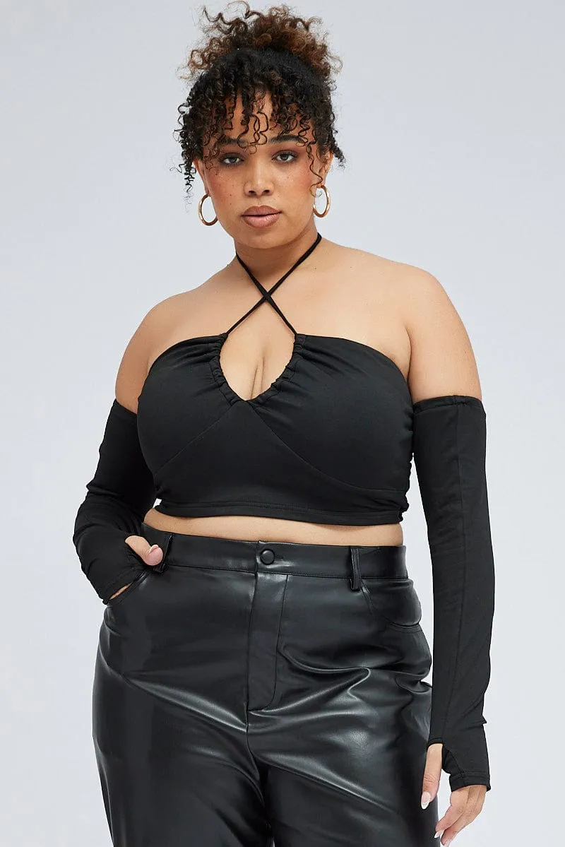 Black Crop Top With Strap Front and Sleeves