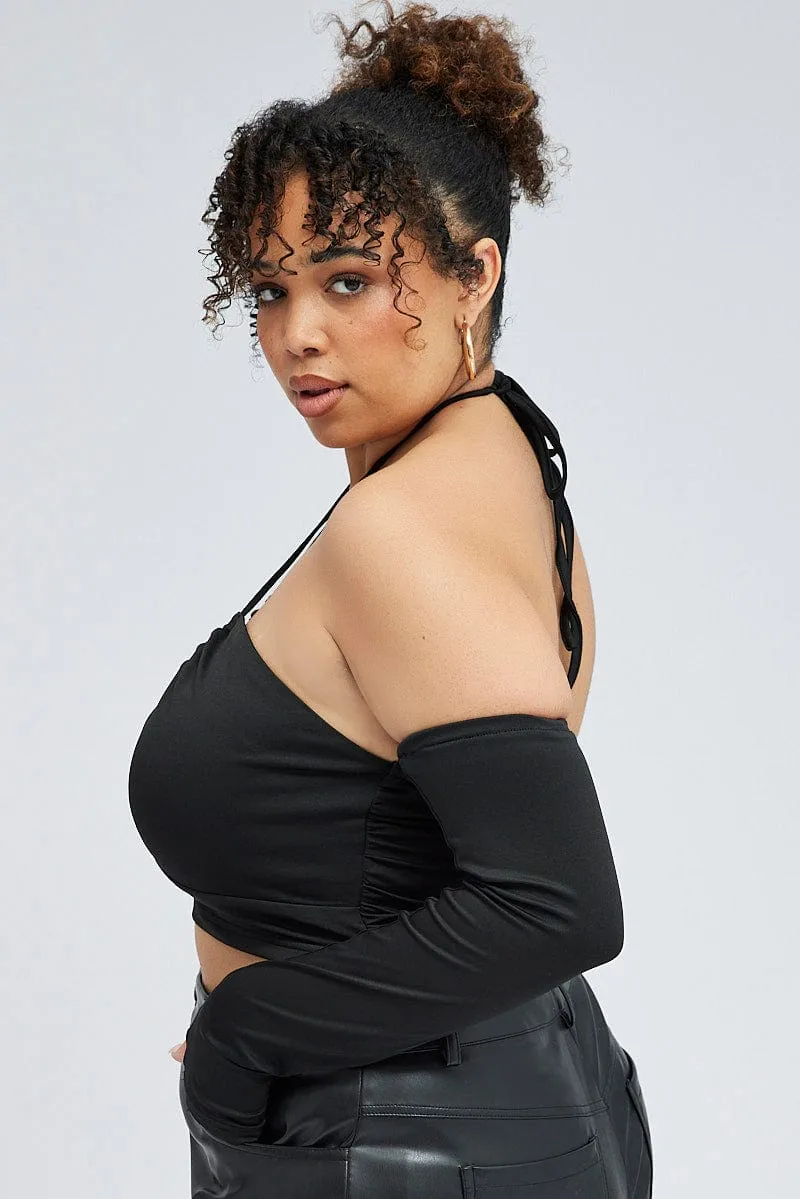 Black Crop Top With Strap Front and Sleeves