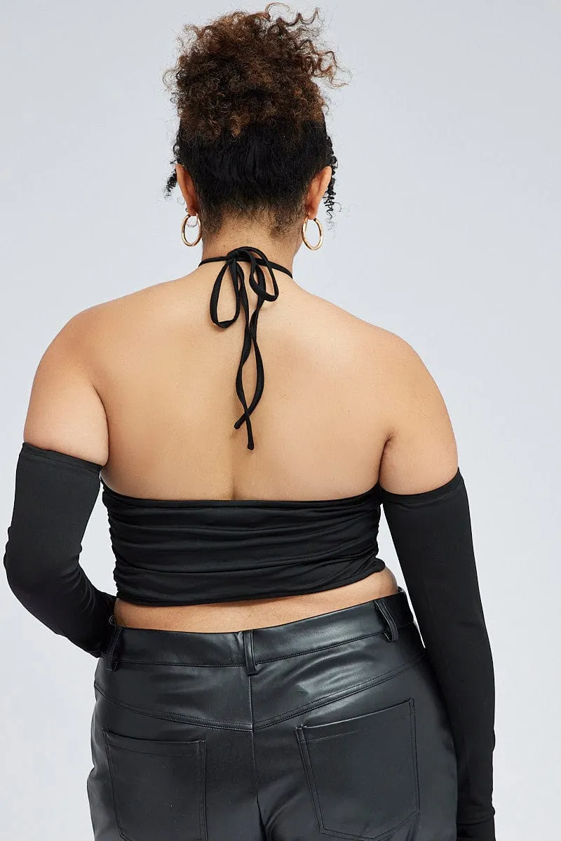 Black Crop Top With Strap Front and Sleeves