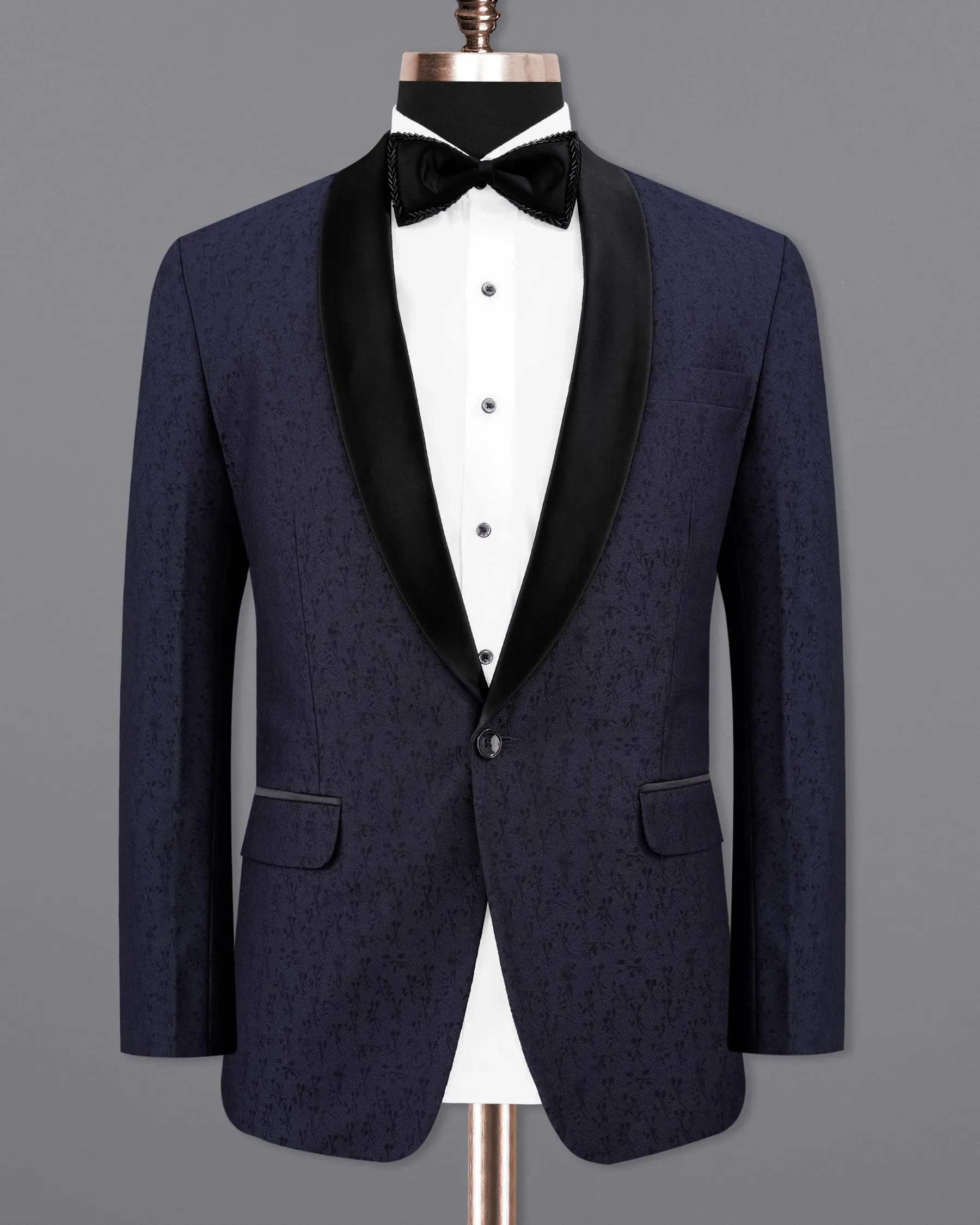 Bleached Cedar Navy Blue Ditzy Textured With Black Lapel Tuxedo Blazer