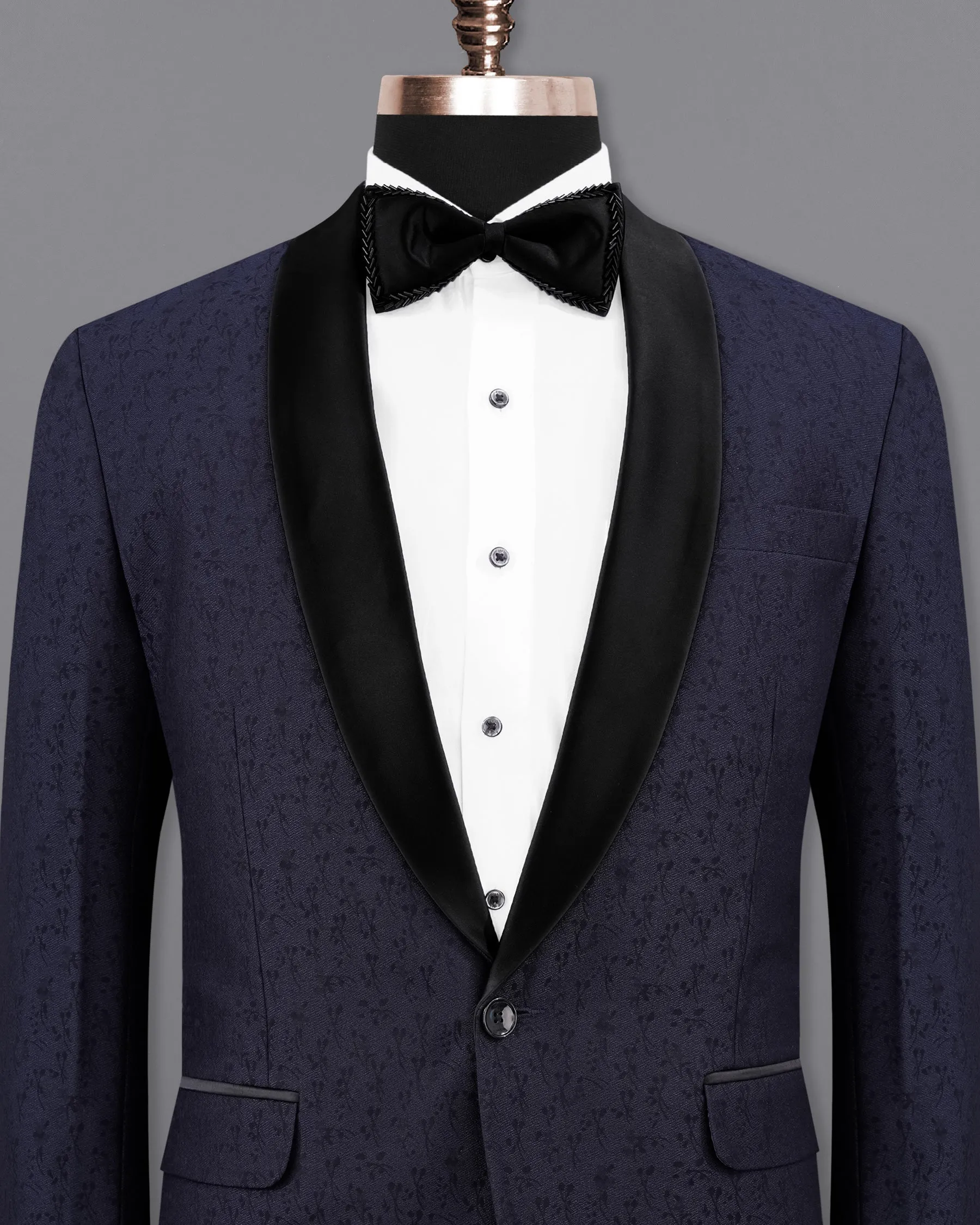 Bleached Cedar Navy Blue Ditzy Textured With Black Lapel Tuxedo Blazer