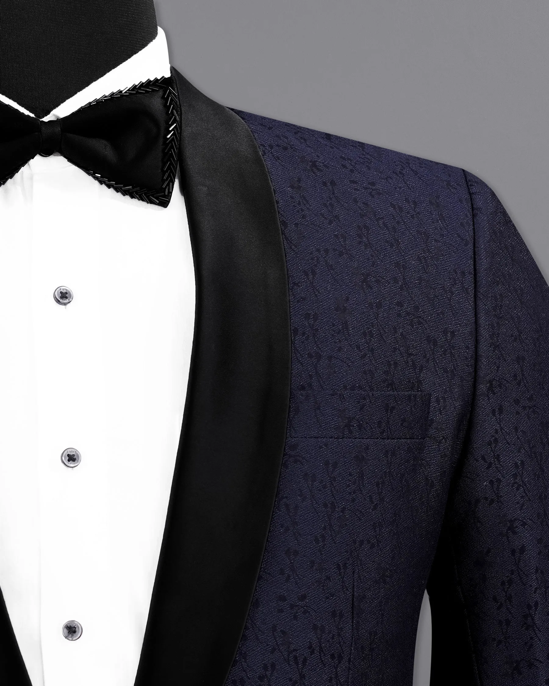 Bleached Cedar Navy Blue Ditzy Textured With Black Lapel Tuxedo Blazer