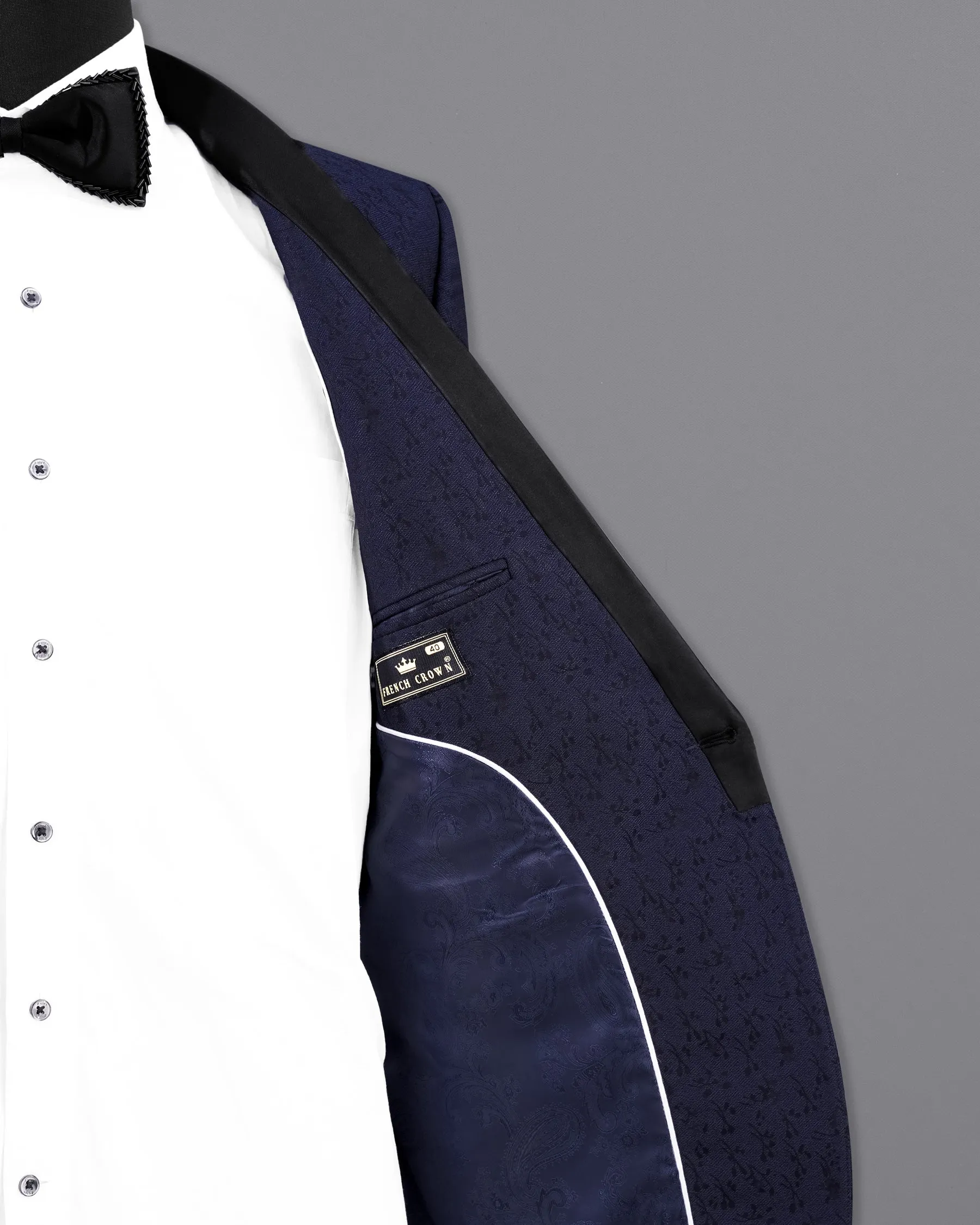 Bleached Cedar Navy Blue Ditzy Textured With Black Lapel Tuxedo Blazer