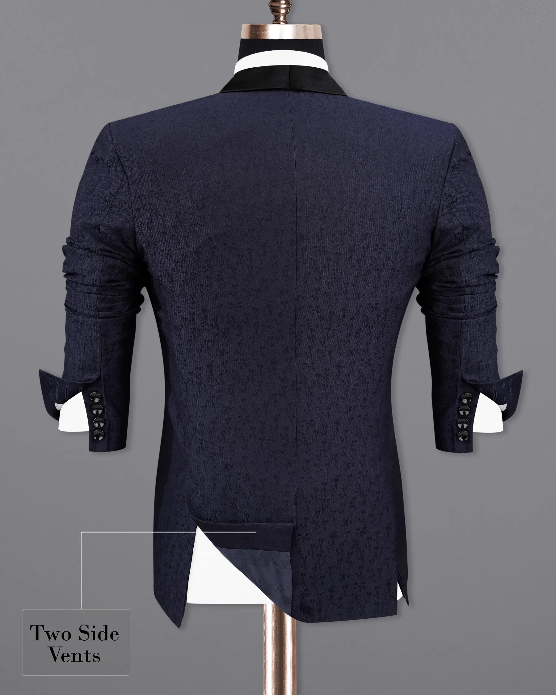 Bleached Cedar Navy Blue Ditzy Textured With Black Lapel Tuxedo Blazer