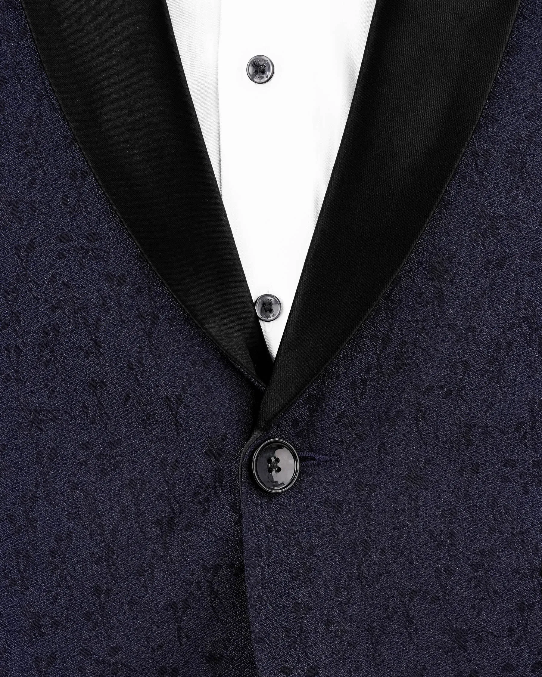 Bleached Cedar Navy Blue Ditzy Textured With Black Lapel Tuxedo Blazer