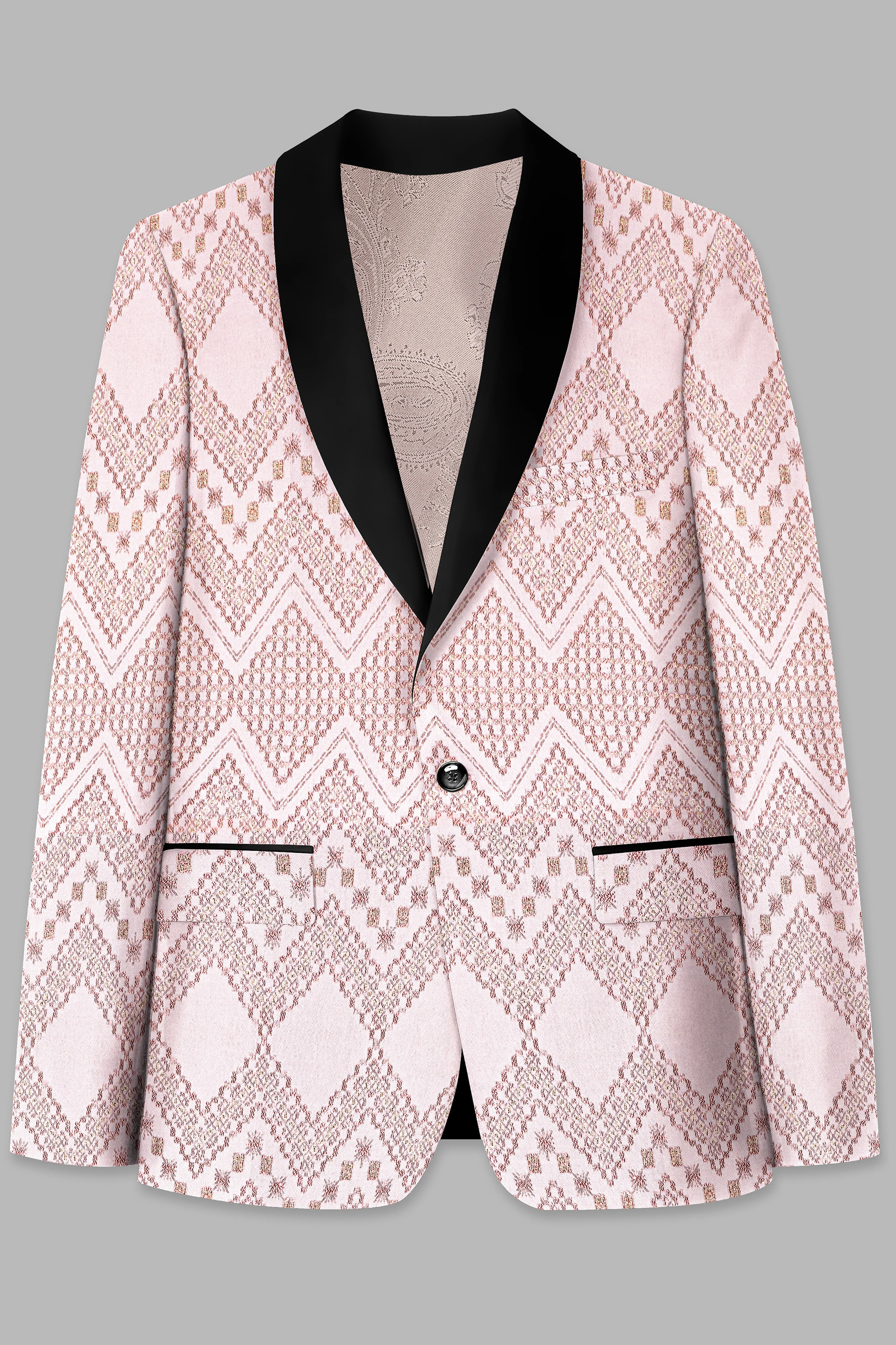 Blossom Pink Thread and Chevron Sequin Embroidered Tuxedo Blazer