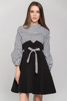 Blue and White Stripe Ring Lace Waist Midi Dress