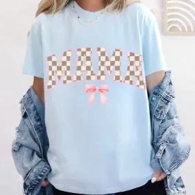 (Chambray Blue) Bow Checkered Mama Short Sleeve Adult Tee