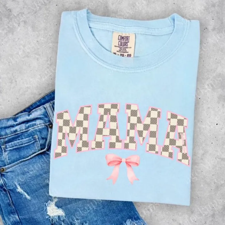 (Chambray Blue) Bow Checkered Mama Short Sleeve Adult Tee