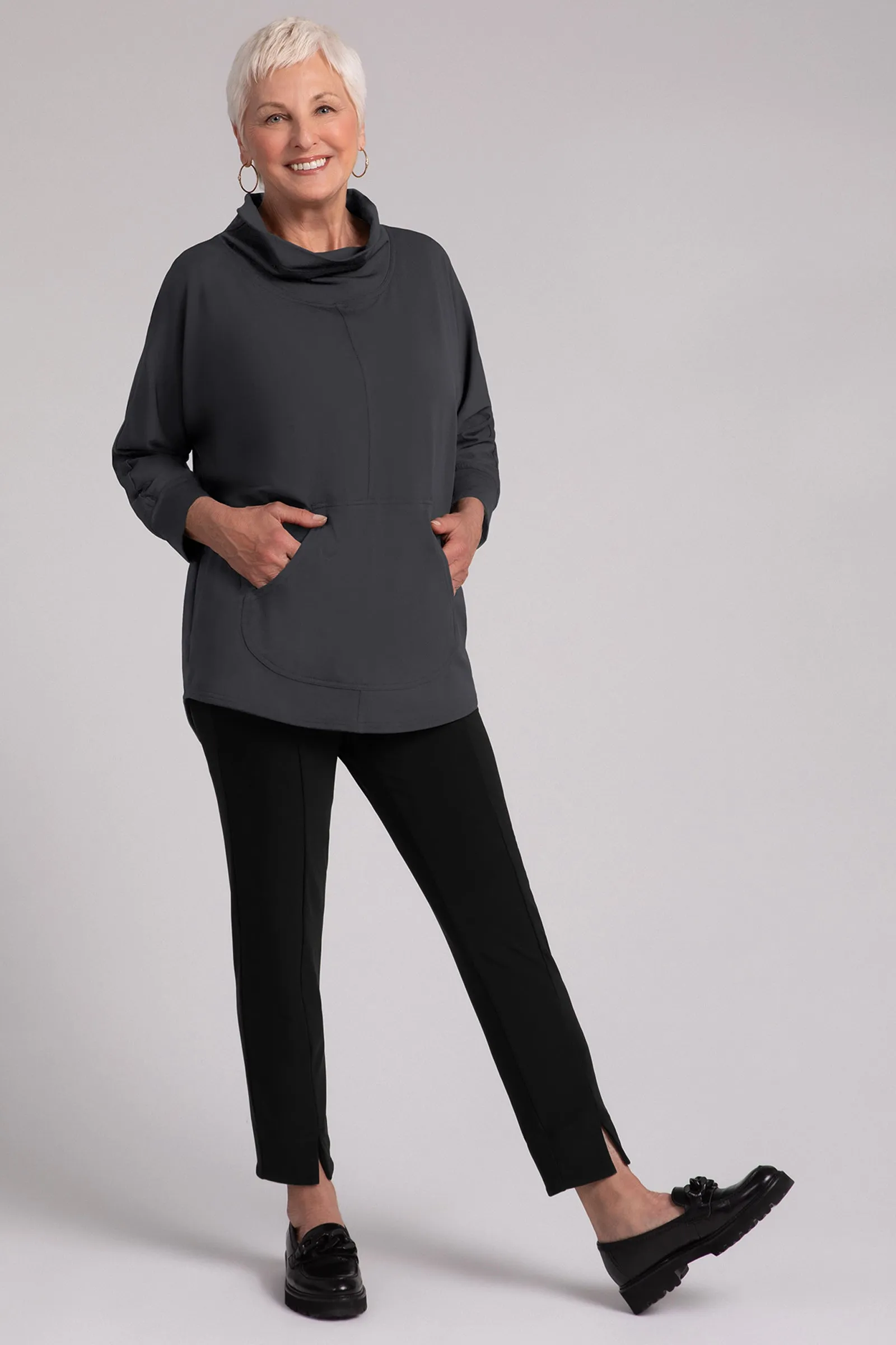Fleece Back Jersey Funnel Neck Pullover with Kangaroo Pocket | Graphite
