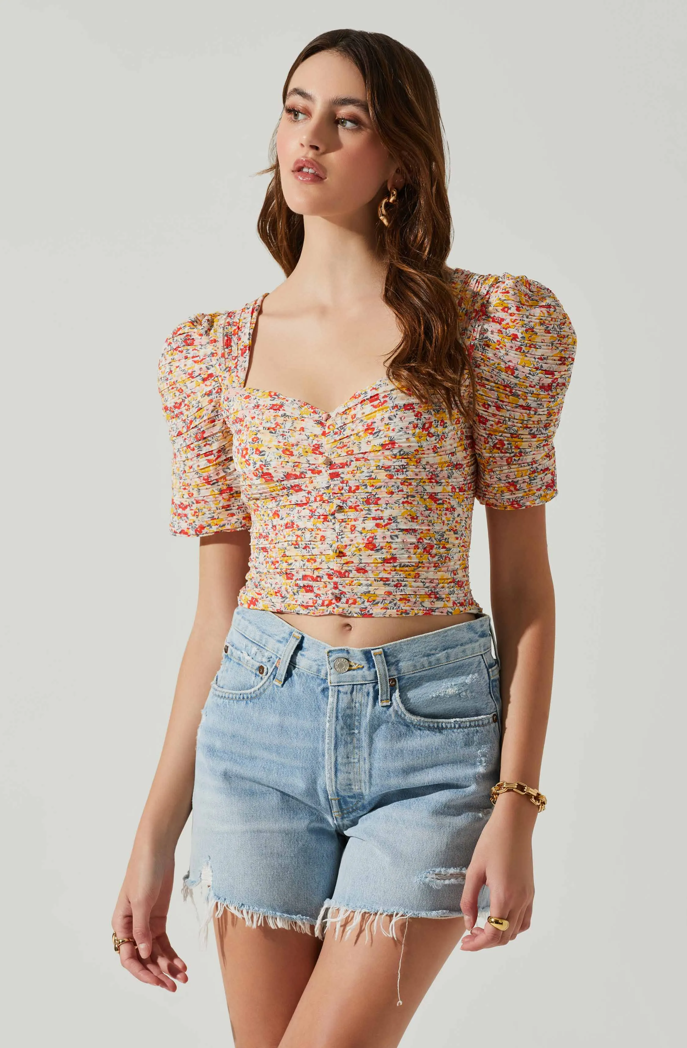 Floral Smocked Sweetheart Neck Puff Sleeve Top