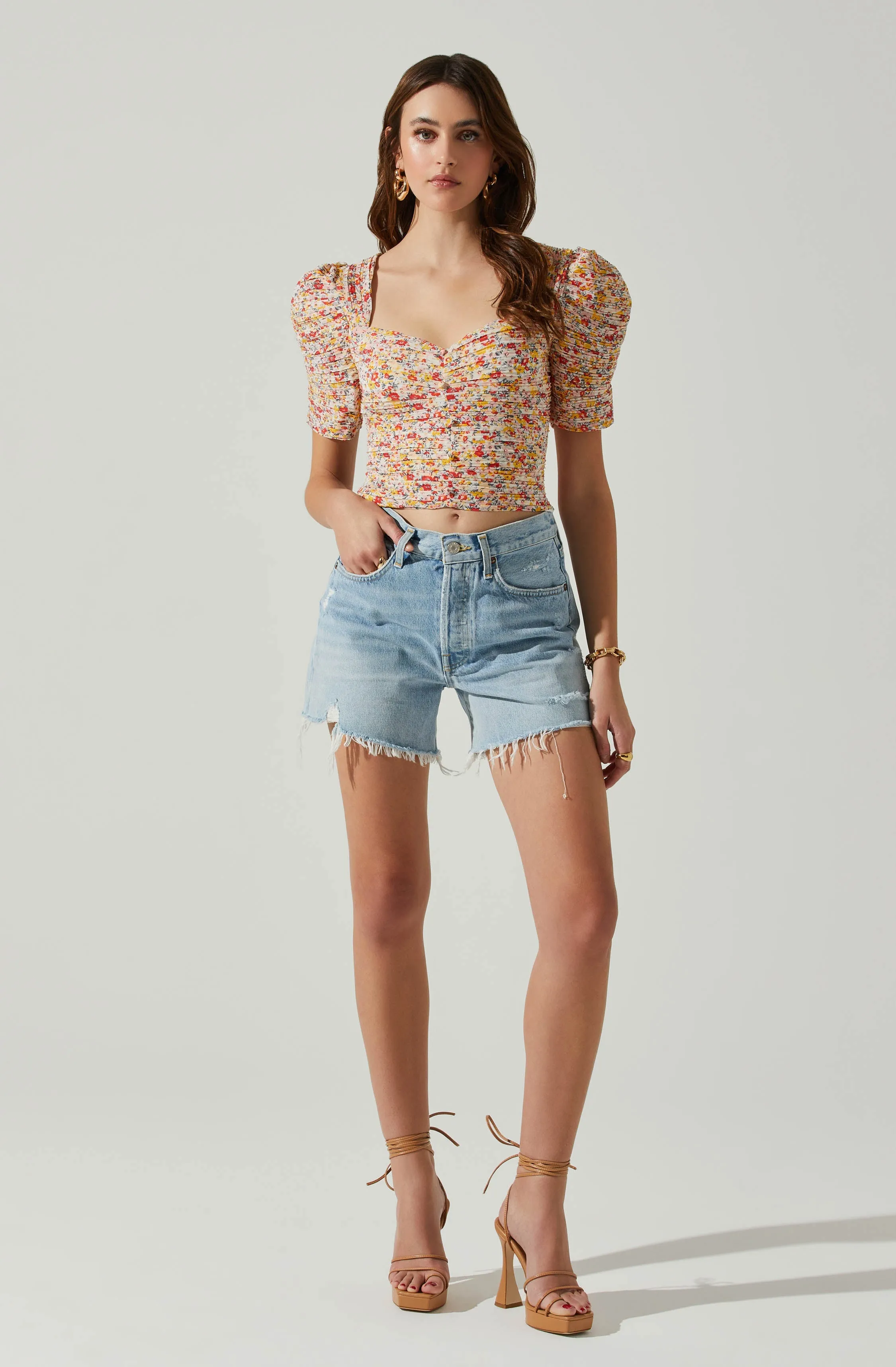 Floral Smocked Sweetheart Neck Puff Sleeve Top