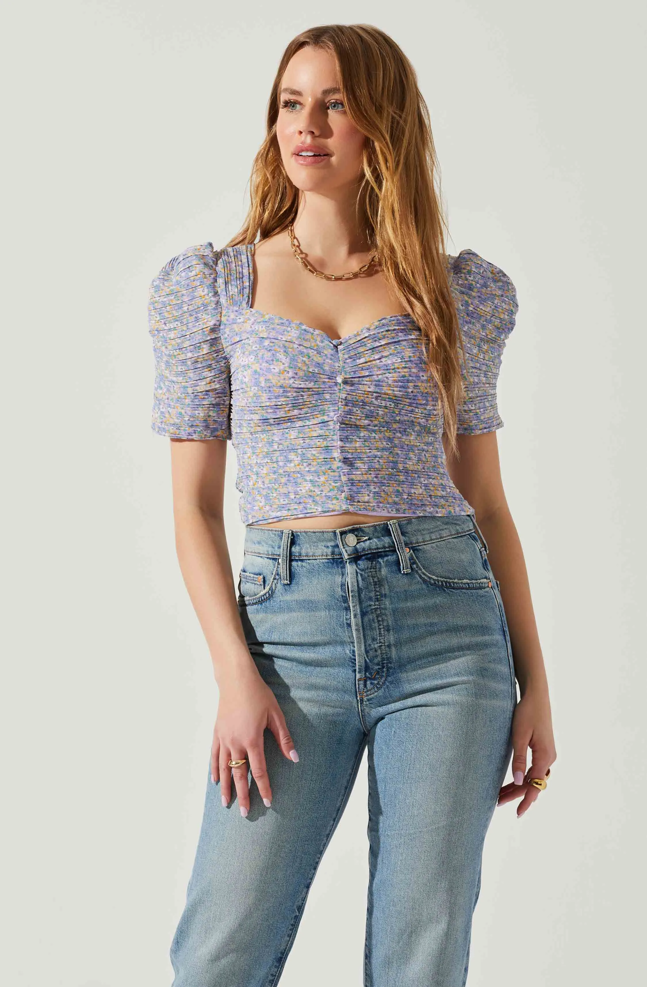 Floral Smocked Sweetheart Neck Puff Sleeve Top