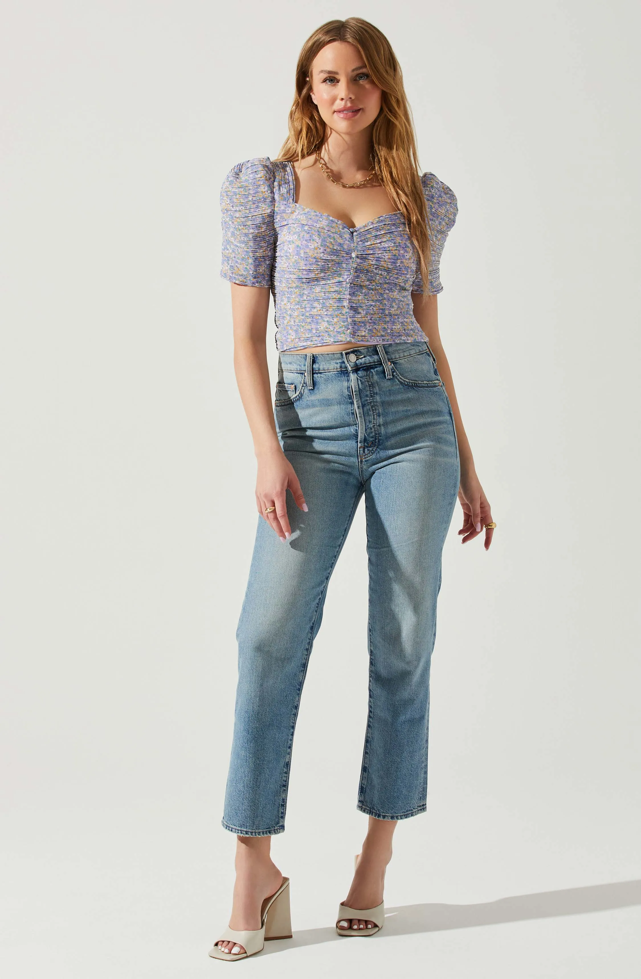 Floral Smocked Sweetheart Neck Puff Sleeve Top