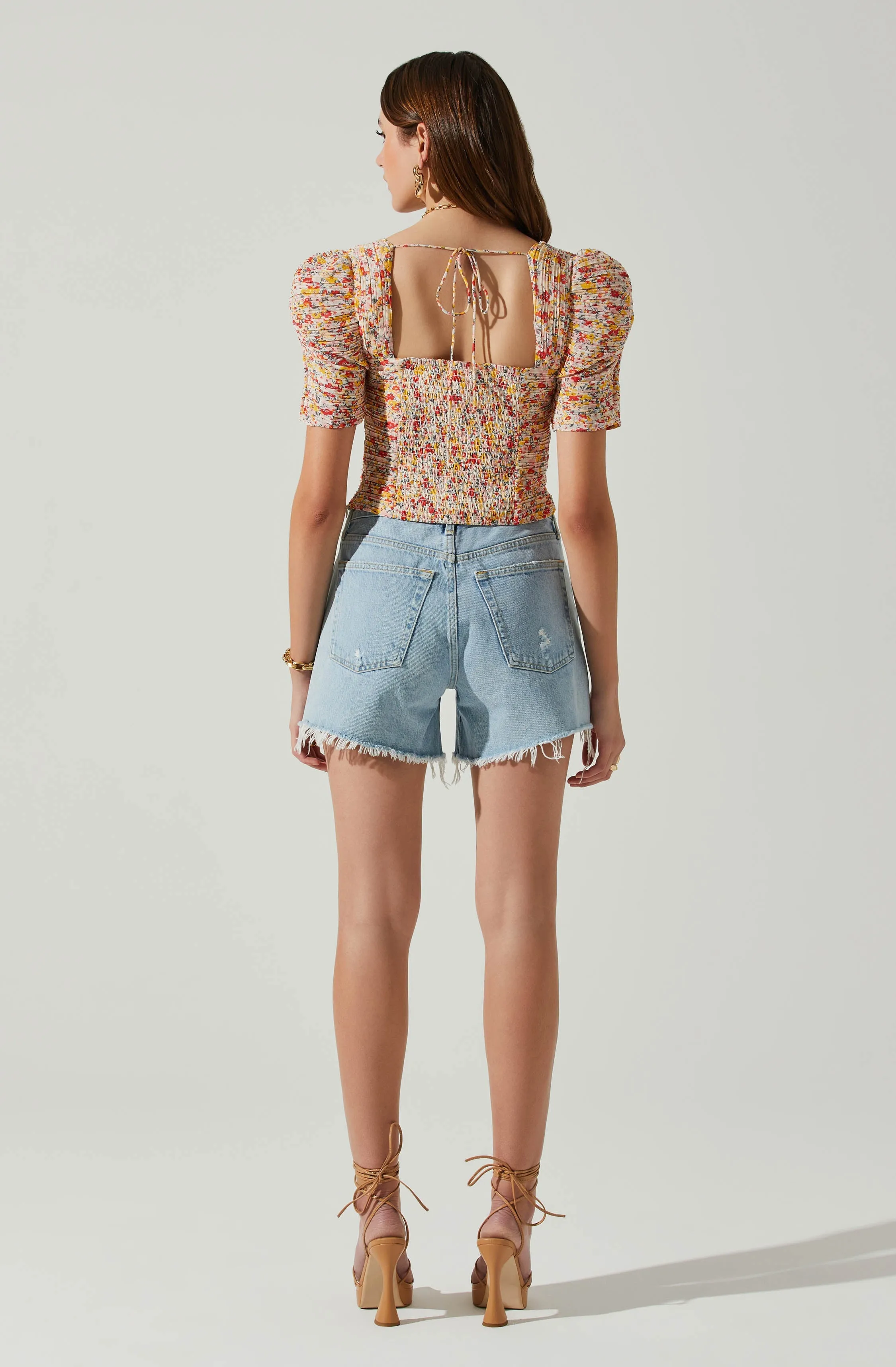Floral Smocked Sweetheart Neck Puff Sleeve Top