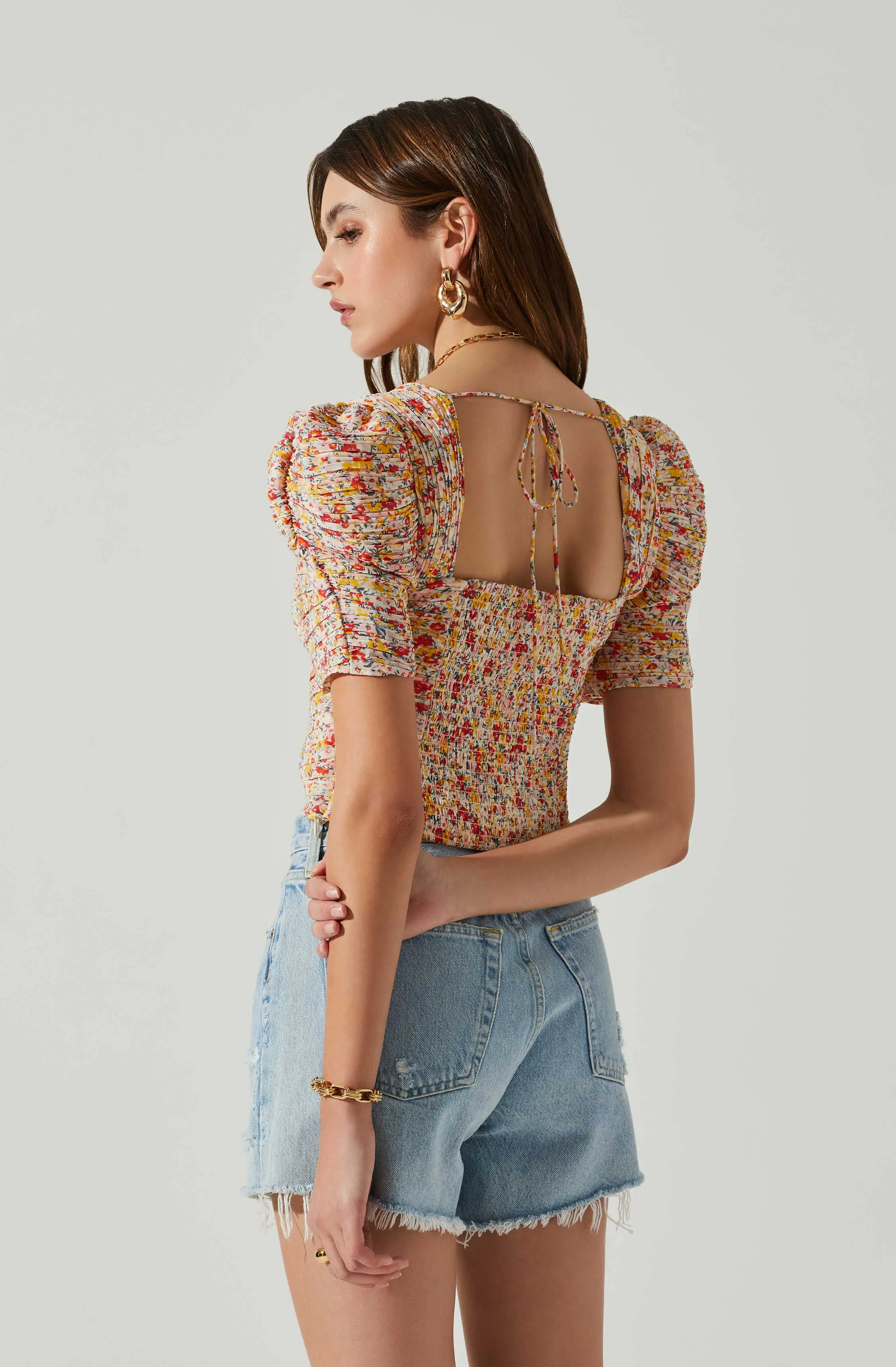 Floral Smocked Sweetheart Neck Puff Sleeve Top