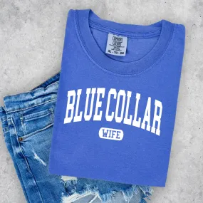 (Front) Varsity Blue Collar Wife Short Sleeve Adult Tee