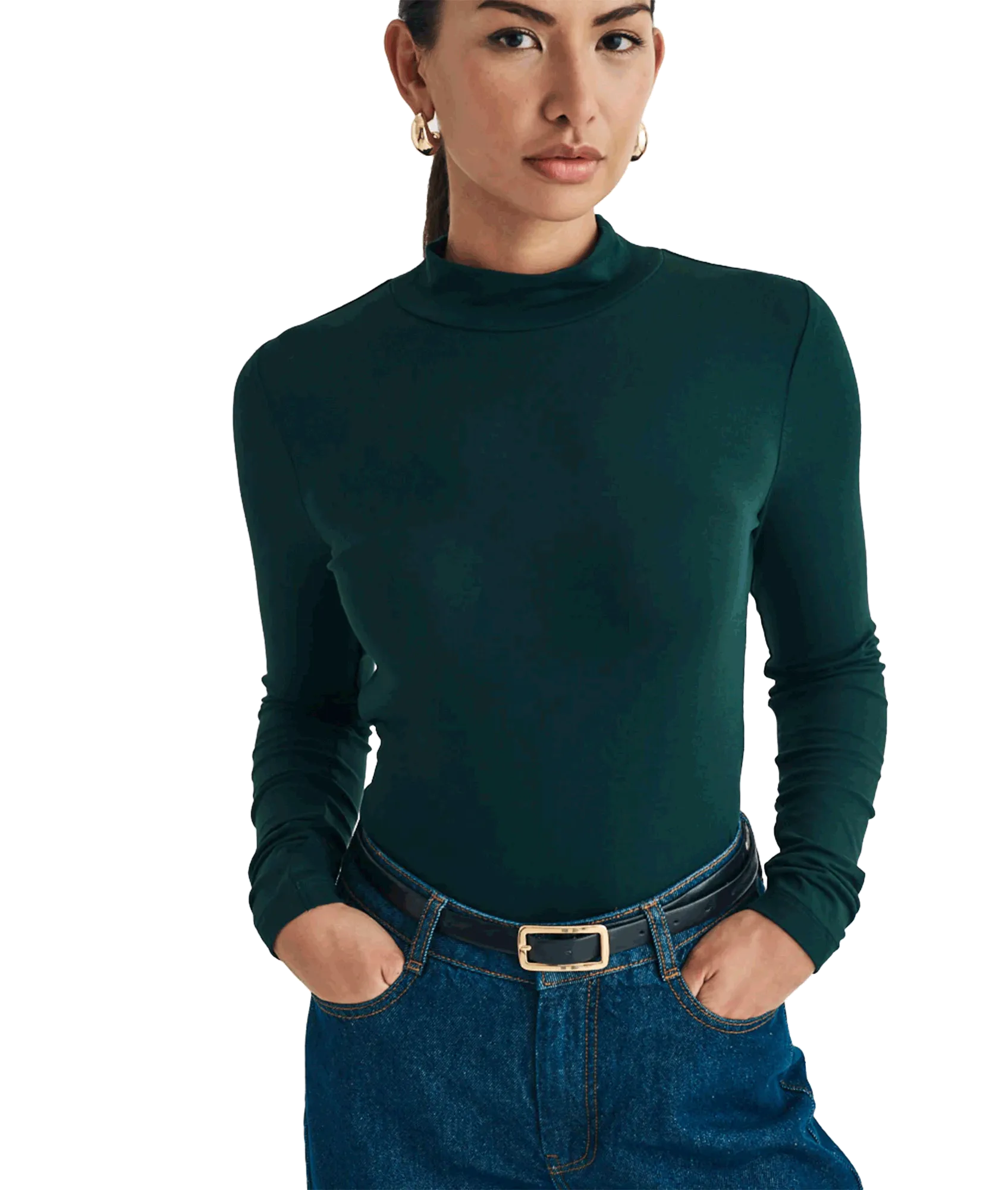 Funnel Neck Long Sleeve Top - Green