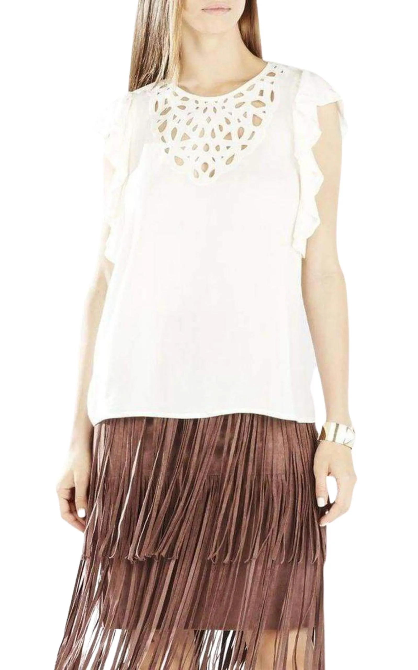 Haidee Flutter-Sleeve Cutout Embroidered Top