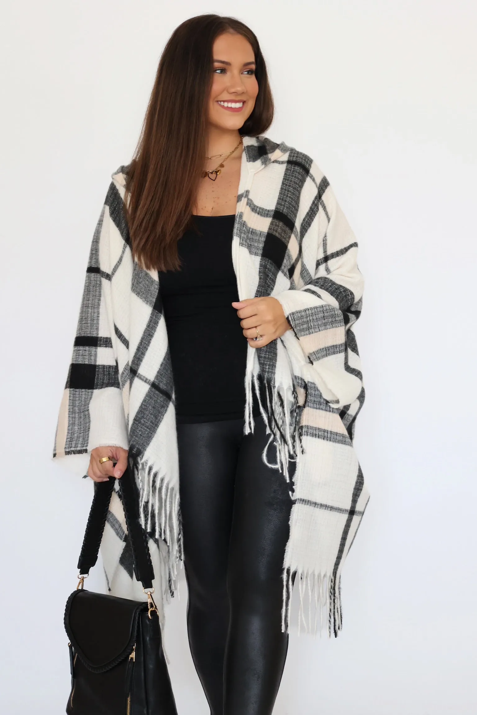 Journee Brushed Hooded Ruana - Ivory/Black