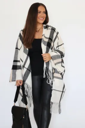 Journee Brushed Hooded Ruana - Ivory/Black