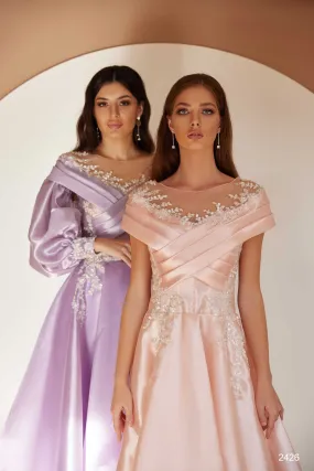 Off Shoulder Pleated Satin Formal Dress with Removable Sleeves