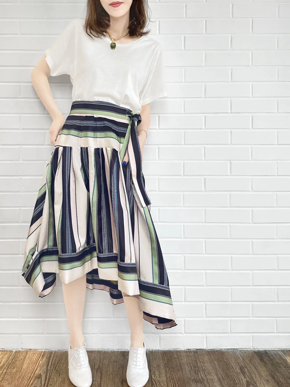 Pastel Stripes Tie-Waist Tiered High/Low Skirt