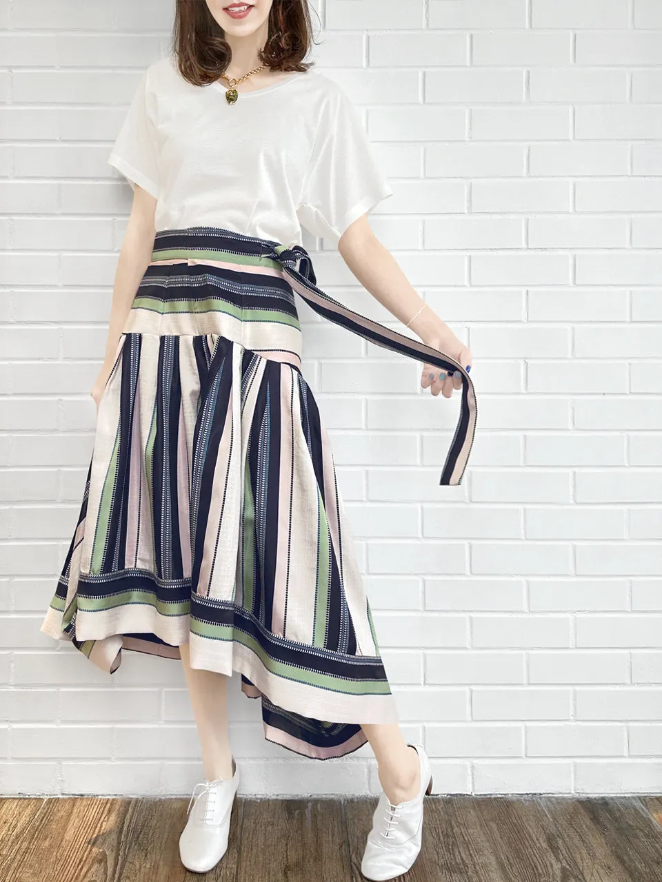 Pastel Stripes Tie-Waist Tiered High/Low Skirt
